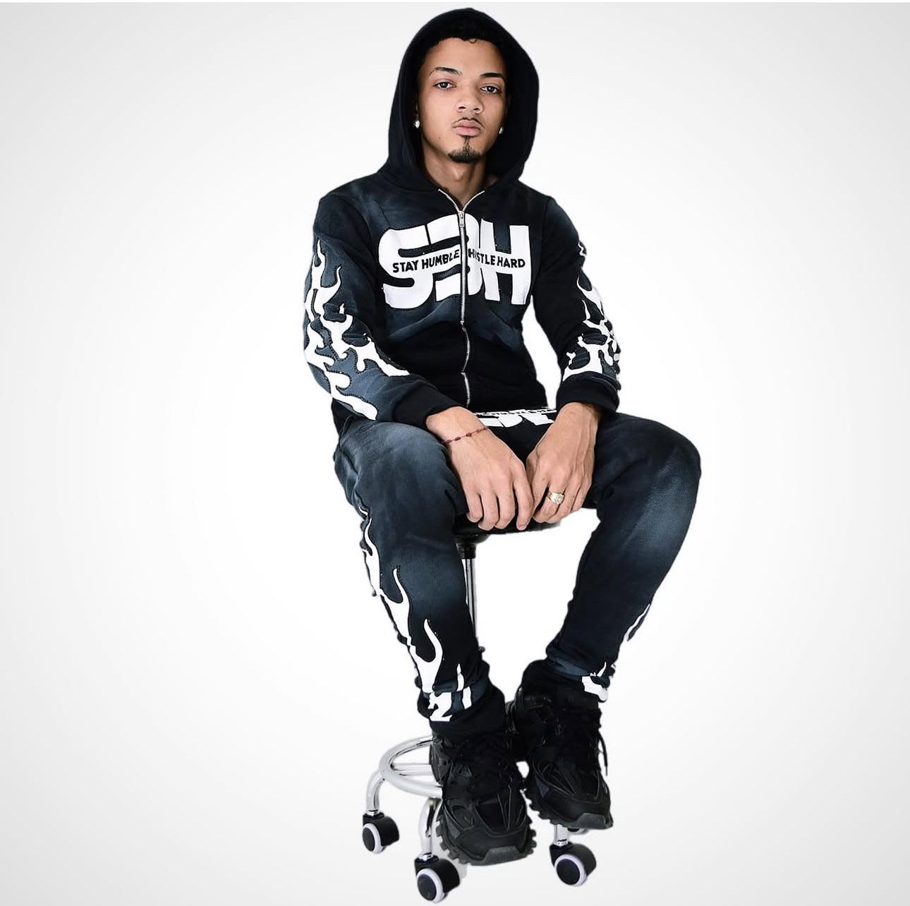 S3H FLAME RHINESTONE STACKED SWEATSUIT- BLACK