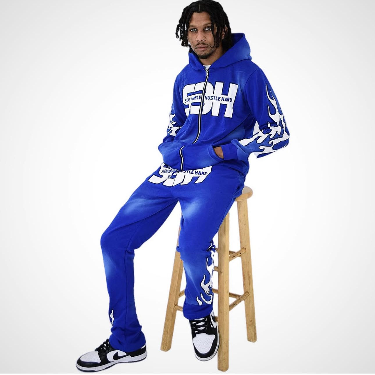 S3H FLAME RHINESTONE STACKED SWEATSUIT- BLUE