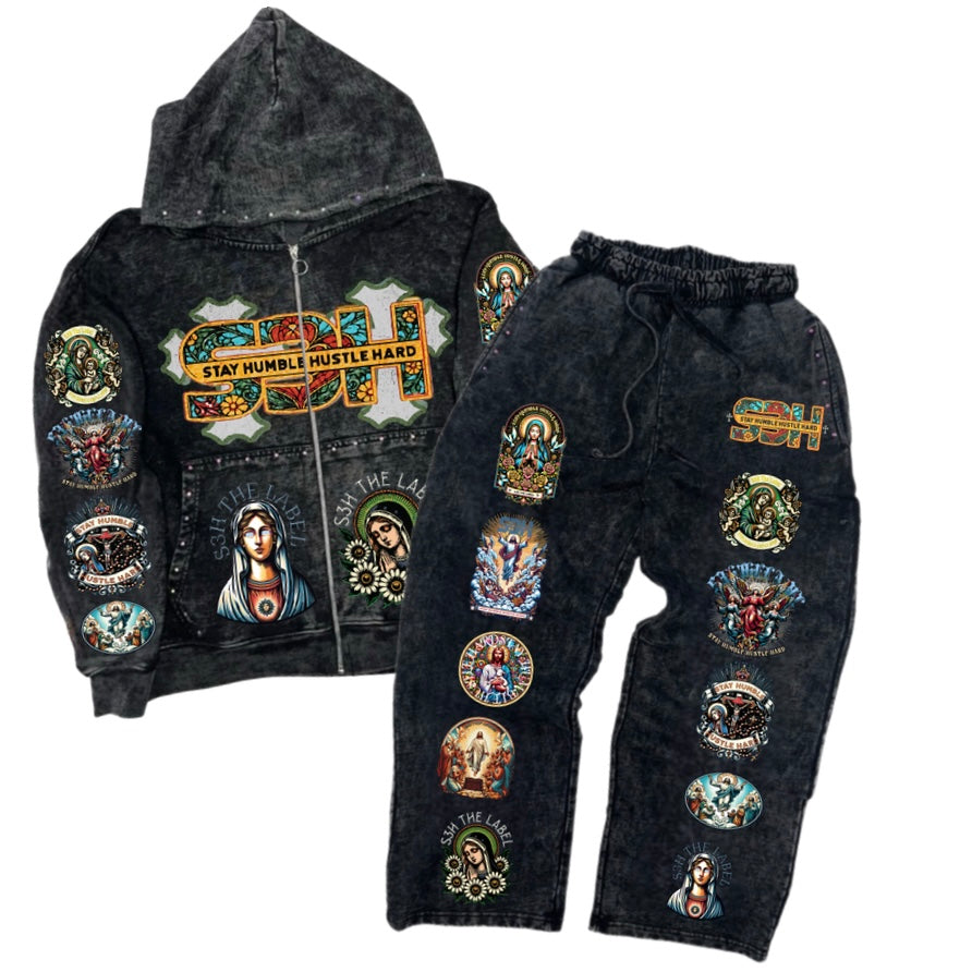 S3H Over Sized  Holy  Acid Wash Sweatsuit