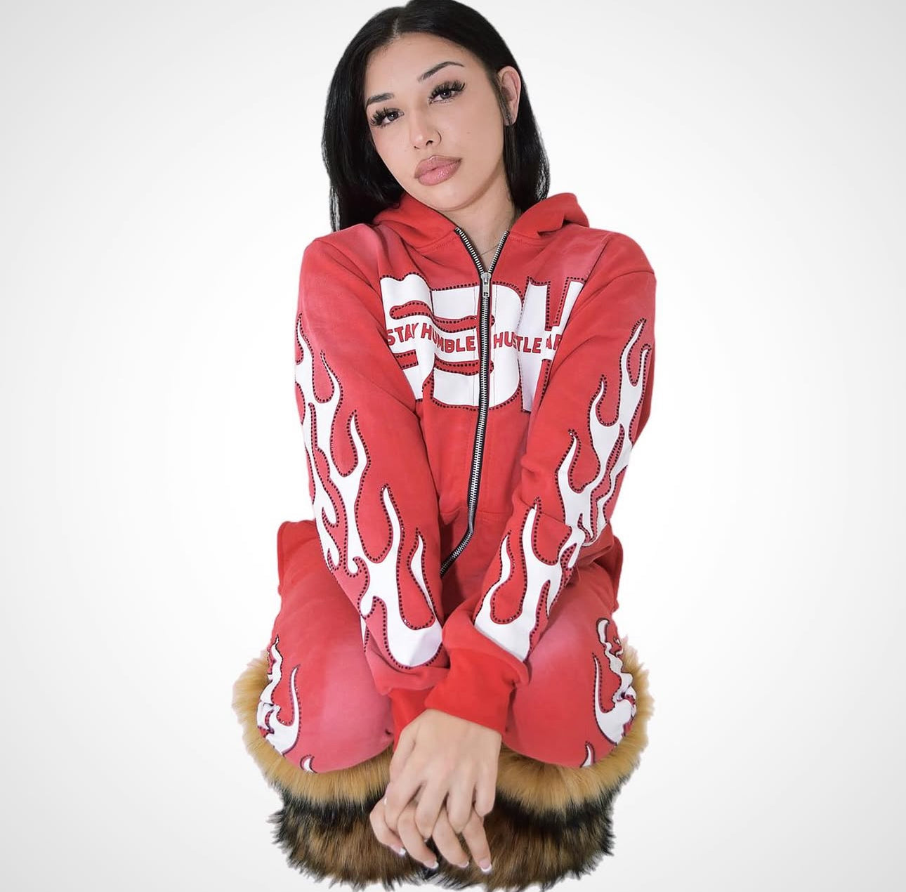 S3H FLAME RHINESTONE STACKED SWEATSUIT- RED