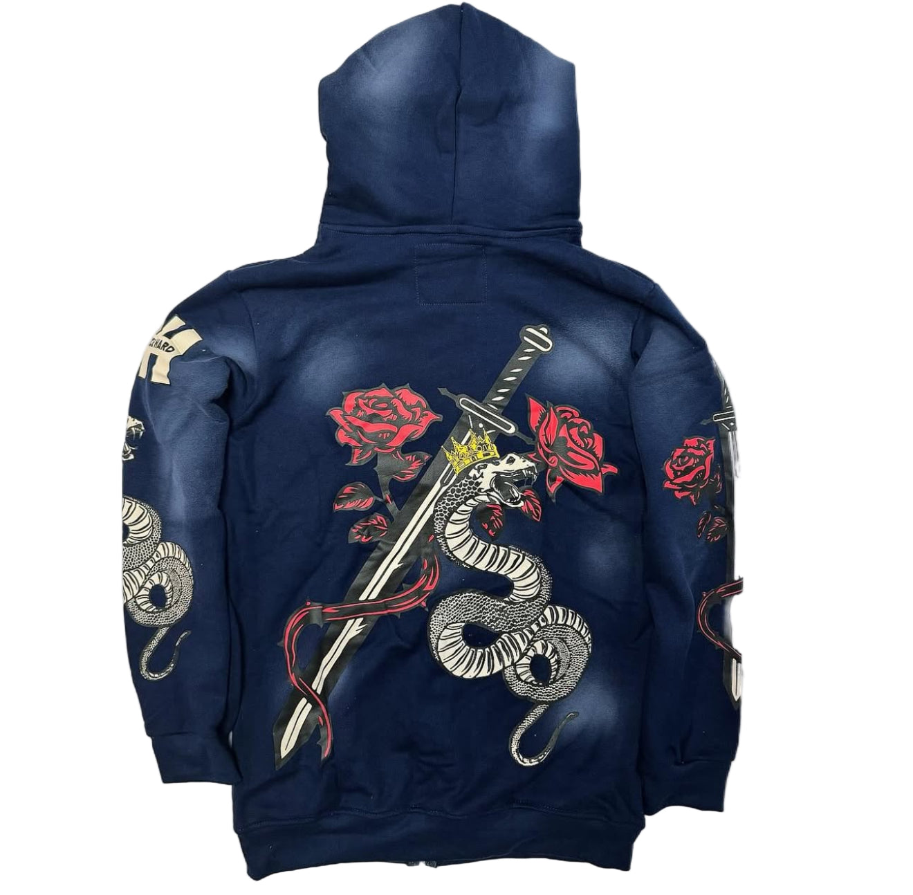 Navy blue hoodie with snake and rose design on the back against a white background
