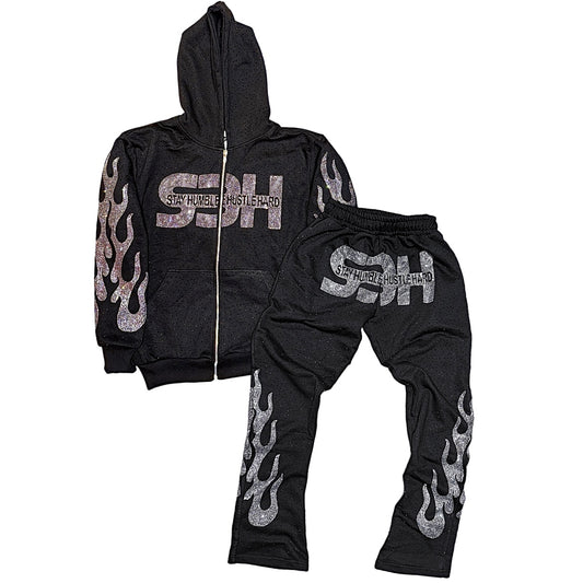 S3H RHINE STONE ALLOVER FLAME RHINE STONES SWEATSUIT
